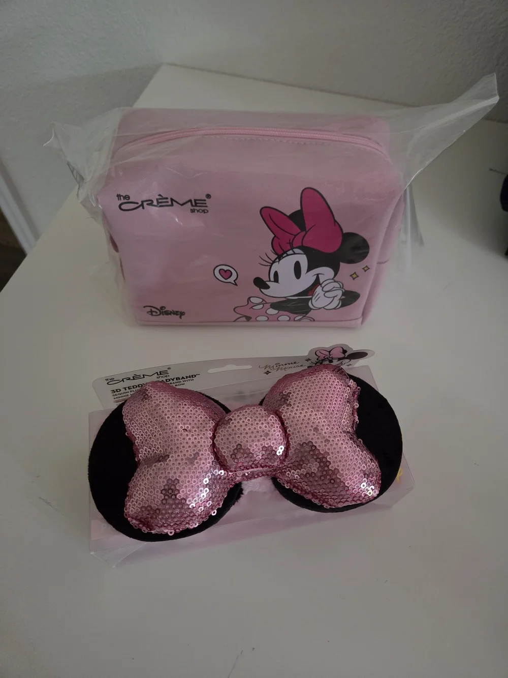 Disney Pink Minnie Mouse Sequin Bow Makeup Pouch & Headband Set